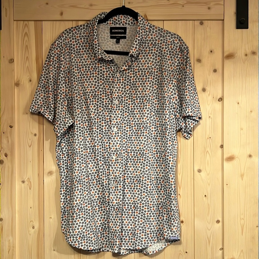 Bonobos Men’s Slim Fit Blue and‎ Orange Print Short Sleeve Button Down Shirt XL